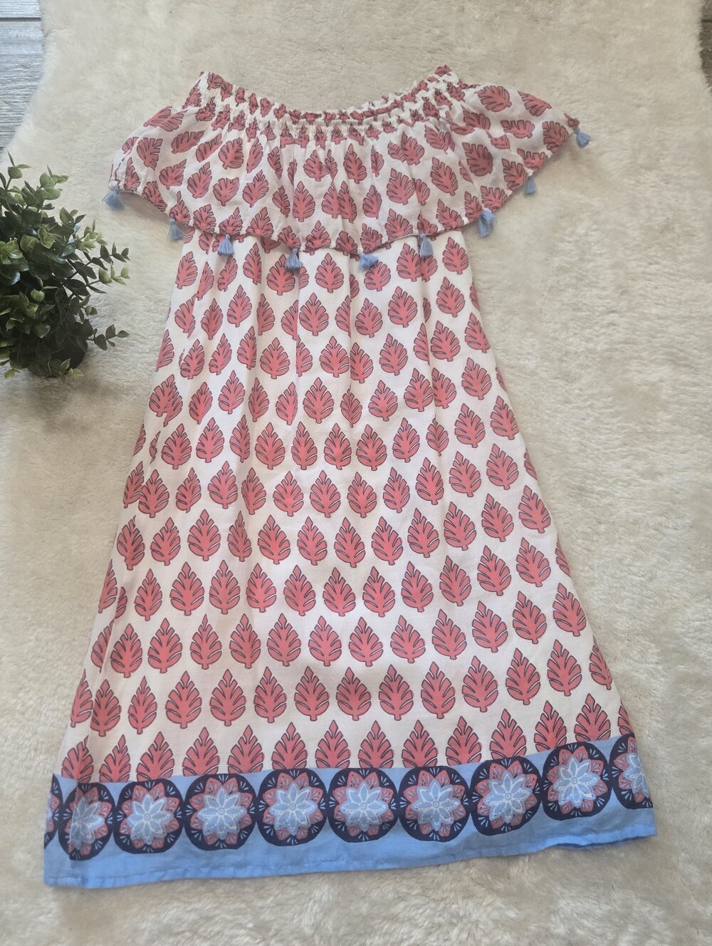 Hatley Leaf Print and Tassel Off-the-Shoulder Summer Boho Midi-Dress, X-Small